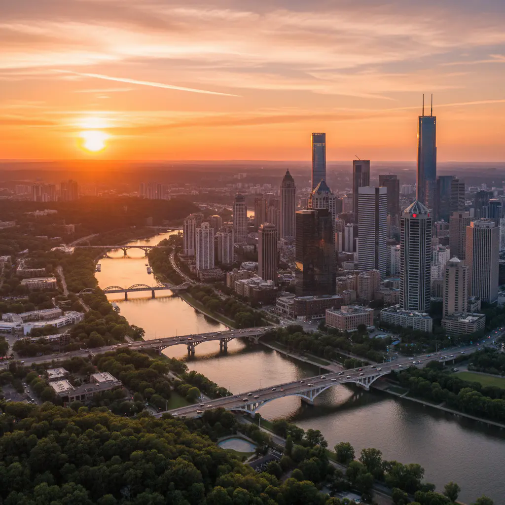 Sunset over city skyline