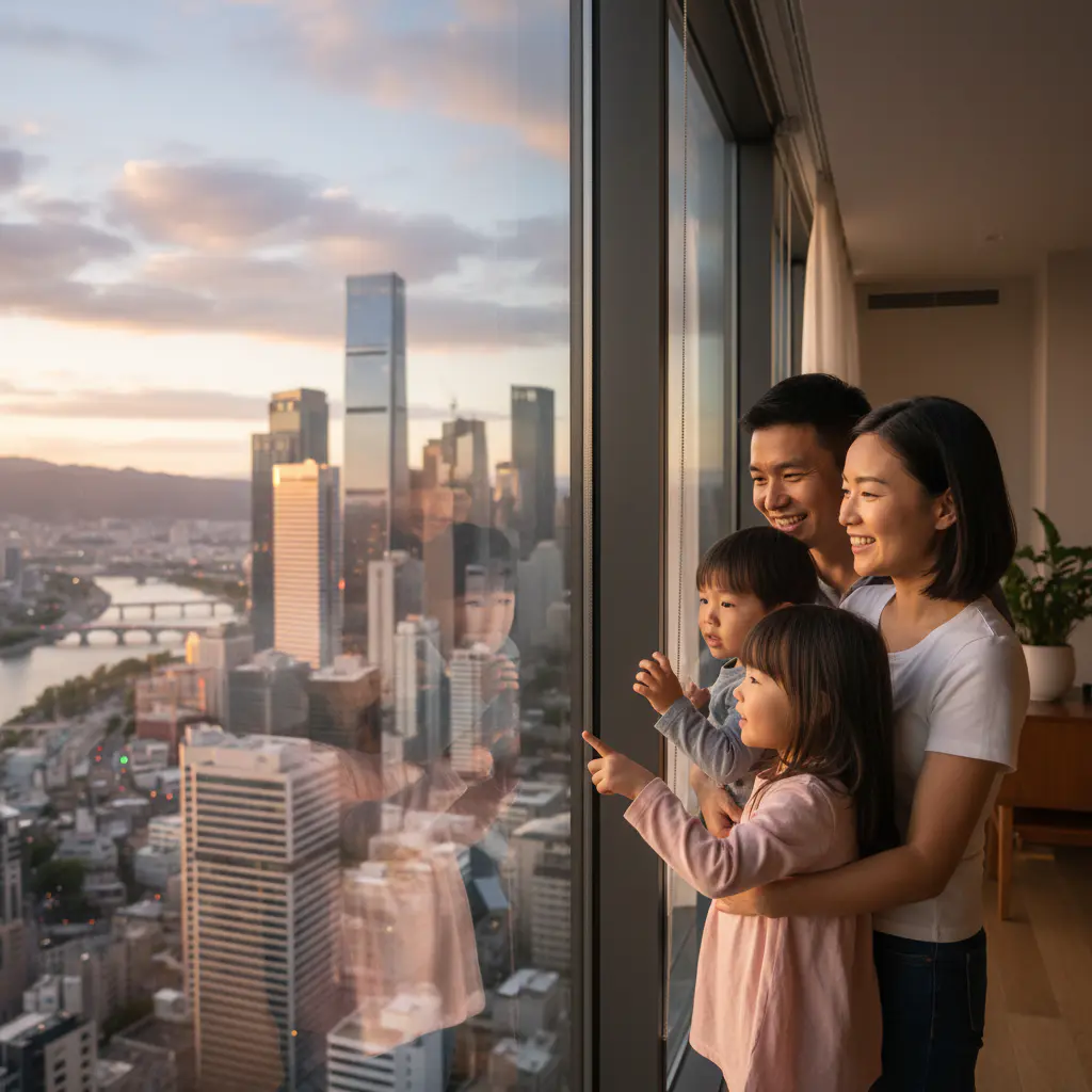 Family smiling looking out a large glass window at the cityscape