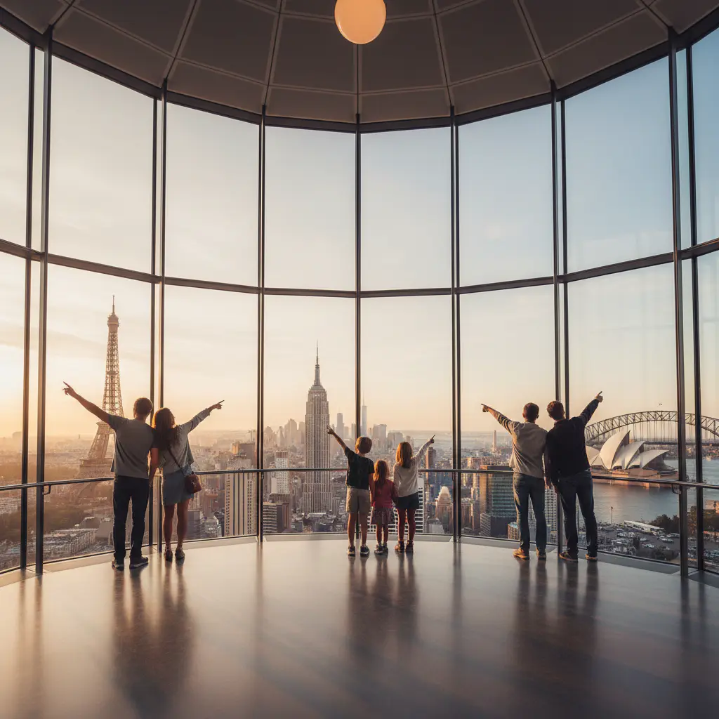 Family pointing at landmarks