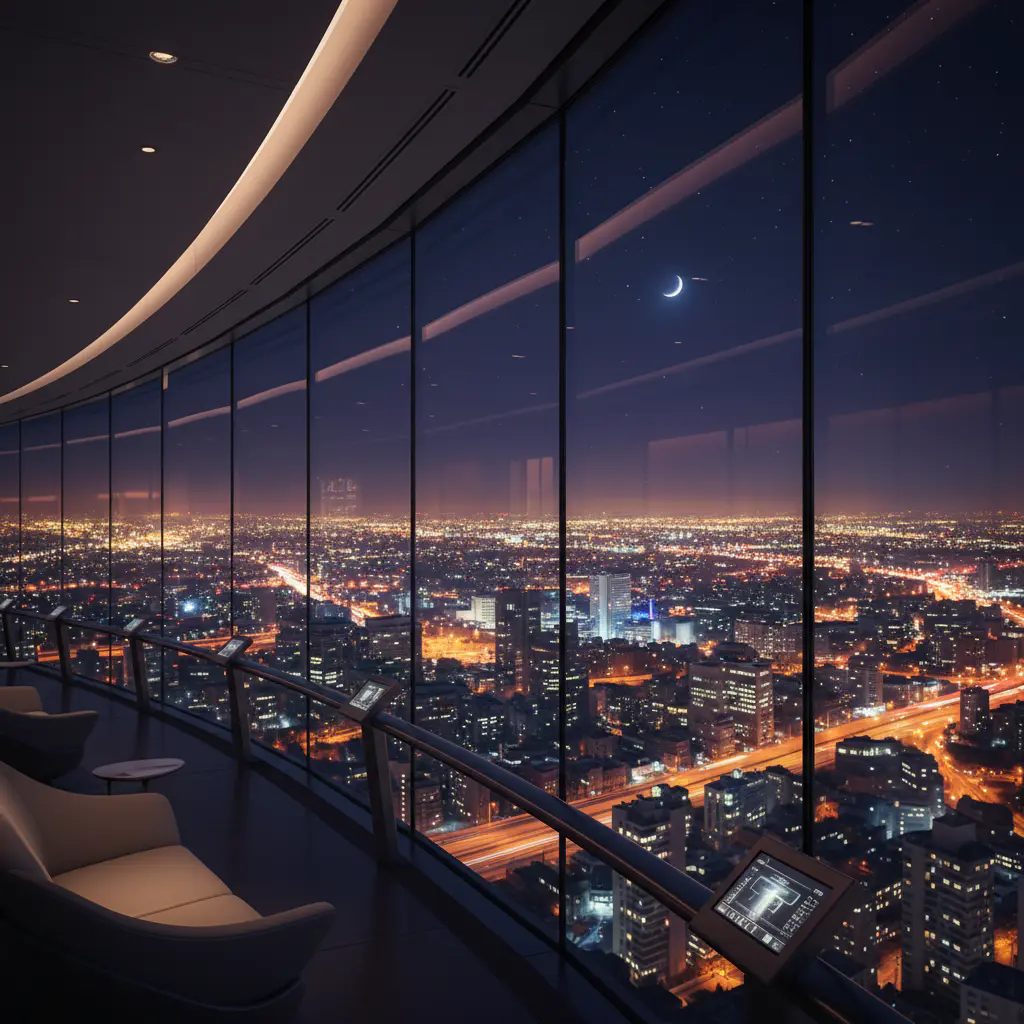 Nighttime city lights glowing through large observation windows