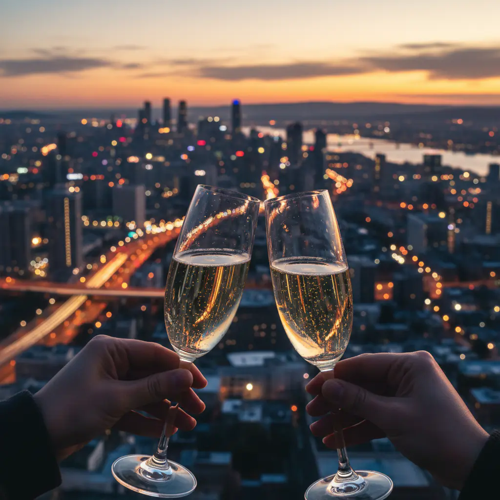 Elegant champagne toast with glowing city lights