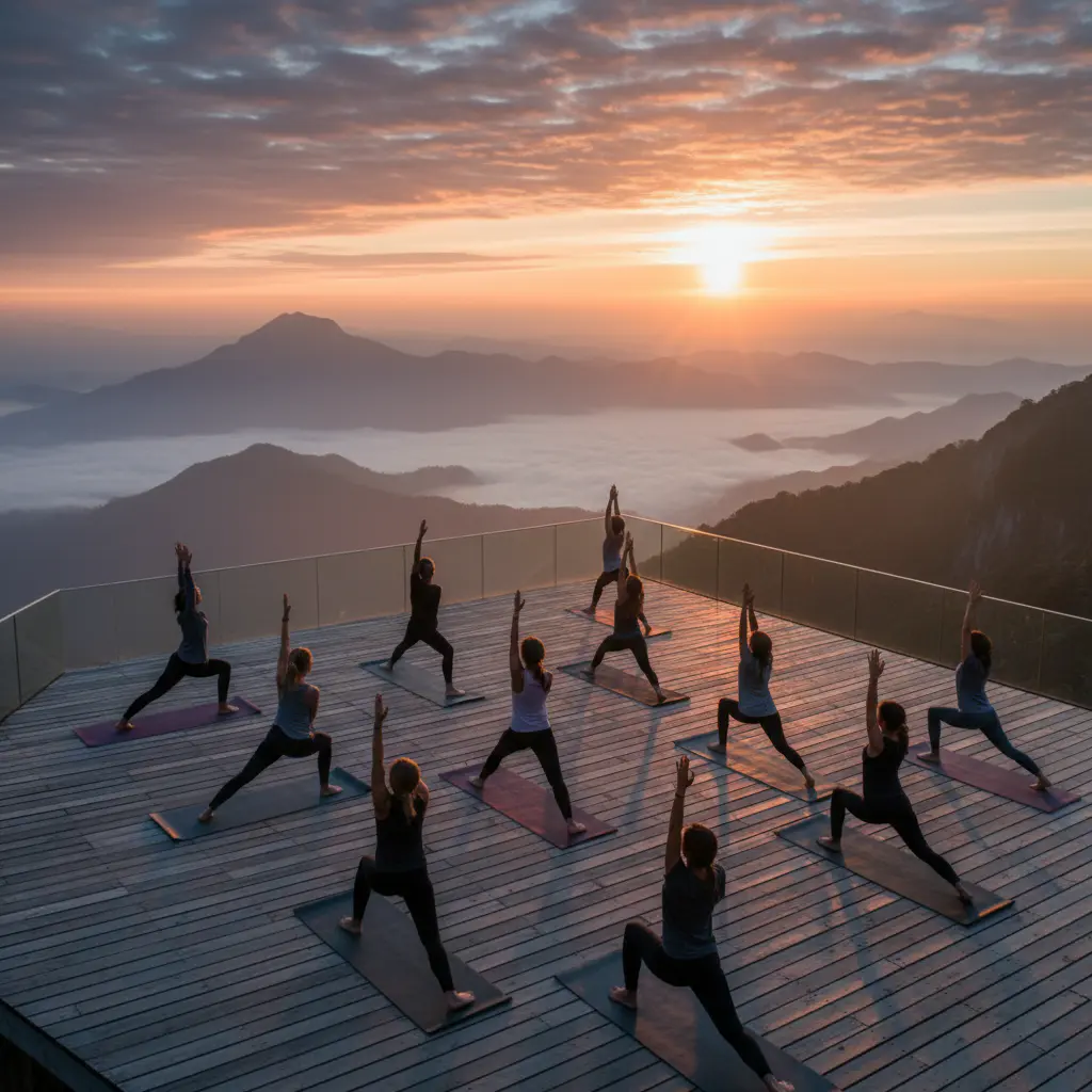 People doing yoga on observation deck at sunrise