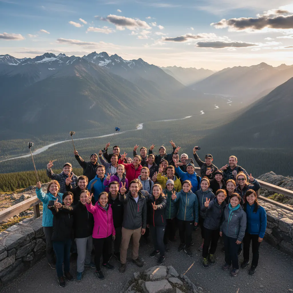 Large group of tourists taking a selfie at a panoramic viewpoint